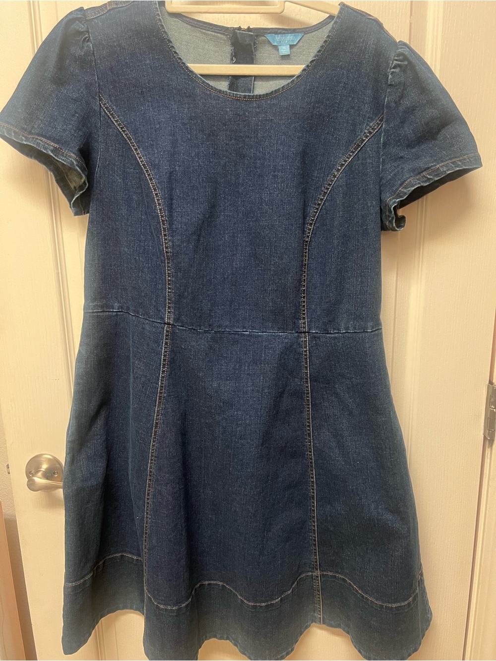 Draper James Girls Denim A-Line Short Sleeve Dress in Dark Blue